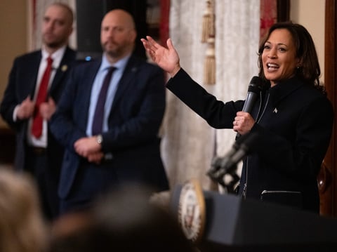 Vice President Kamala Harris speaks with California legislators at the Stanford Mansion on Thursday, Jan. 25, 2024, in Sacramento, Calif.