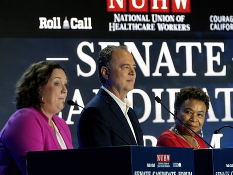 Reps. Katie Porter, Adam Schiff and Barbara Lee (from left) during a U.S. Senate candidate forum hosted by the National Union of Health Care Workers in Los Angeles on Oct. 8, 2023.