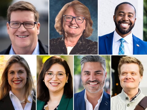 (From left): California Assembly 6th District candidates Sean Frame, Rosana Herber, Emmanuel Amanfor, Maggy Krell, Paula Villescaz, Carlos Marquez III and Evan Minton.