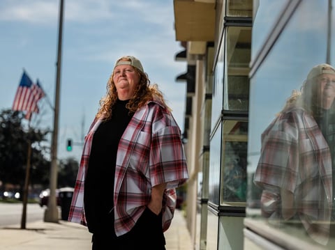Inland Empire Amazon Workers United founder Sara Fee in front of the Warehouse Worker Resource Center in Ontario on Feb. 13, 2024.