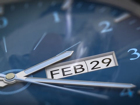 A clock showing February 29, also known as leap day. They only happen about once every four years.