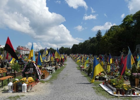 The graves of fallen soldiers in Lychakiv Cemetery in Lviv, Ukraine, Aug. 11, 2023