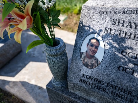 The gravesite of Shayne Sutherland at the Park View Cemetery in Manteca, Calif., on Feb. 24, 2024.