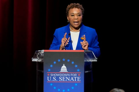U.S. Rep. Barbara Lee, D-Calif., speaks during a televised debate for candidates in the senate race to succeed the late California Sen. Dianne Feinstein, Monday, Jan. 22, 2024, in Los Angeles