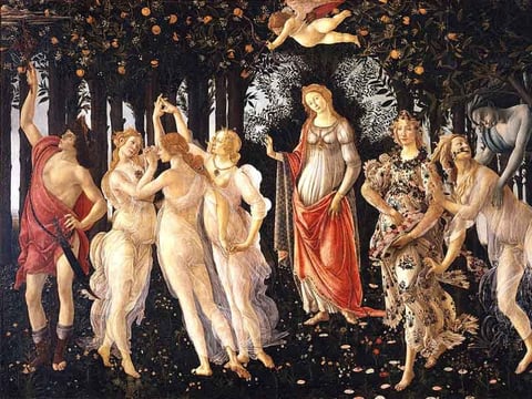 Primavera (Spring) by Italian Renaissance painter Sandro Botticelli made in the late 1470s or early 1480s