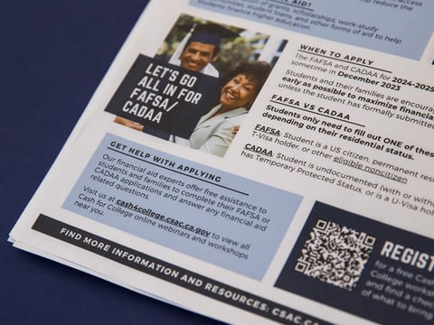 FAFSA fact sheets are displayed at College Information Day at UC Berkeley in Berkeley on Oct. 14, 2023.