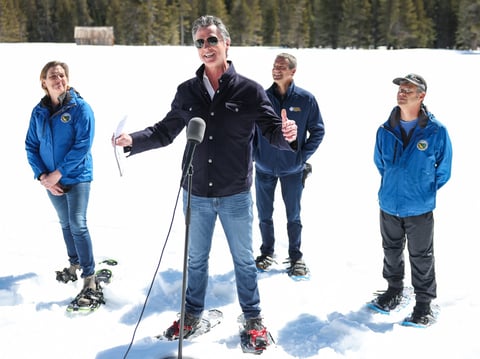 Gov. Gavin Newsom speaks to news media after the fourth media snow survey of the 2024 season at Phillips Station in the Sierra Nevada on Tuesday, April 2, 2024.