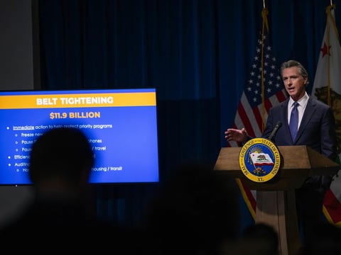 Gov. Gavin Newsom addresses the media during a press conference unveiling his 2024-25 January budget proposal at the Secretary of State Auditorium in Sacramento on Jan. 10, 2024.