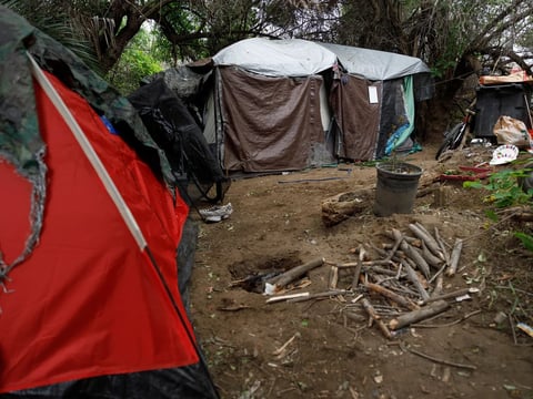 A homeless encampment along the riverbed in San Diego on March 23, 2024.