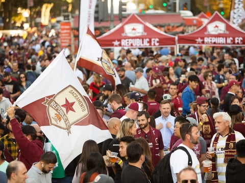 A crowd gathers in downtown Sacramento at a block party to celebrate the Sacramento Republic FC on Monday, October 21, 2019.