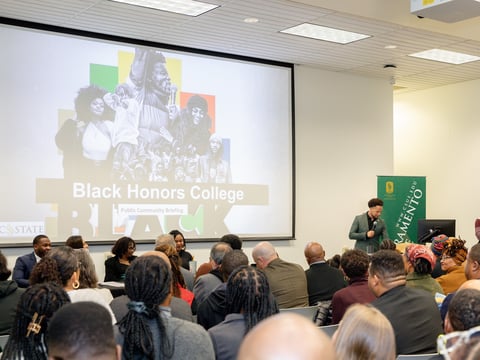 Sacramento State President Luke Wood speaks at an event for the university's Black Honors College on Feb. 19, 2024.