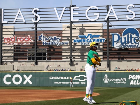 Oakland Athletics outfielder Lawrence Butler (2) warms up before a spring training baseball game against the Milwaukee Brewers, Saturday, March 9, 2024, in Las Vegas.