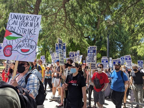 A group of UC Davis student workers on strike at the Memorial Union Quad in Davis, Calif. on Tuesday, May 28, 2024.