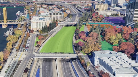 A rendering of a park built above Interstate 5, connecting Old Sacramento to downtown.