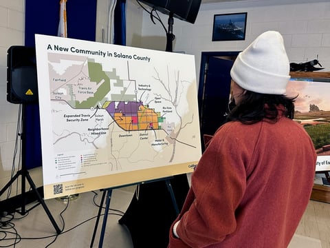 A map of a new proposed community in Solano County, Calif., is displayed during a news conference in Rio Vista, Calif. on Jan. 17, 2024.