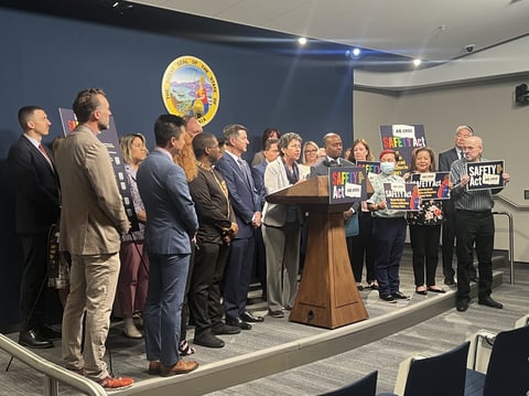 The California Legislative LGBTQ Caucus announces legislation at a press conference on Wednesday, May 22, 2024, to ban school districts from forcing schools to notify parents if their child requests to change their gender identification.