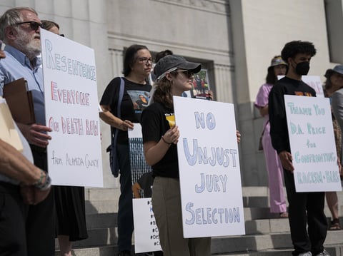 Local Leaders gather at the René C. Davidson Courthouse in Oakland on June 18, 2024, to call for the Alameda County district attorney to resentence all death penalty cases in the county.