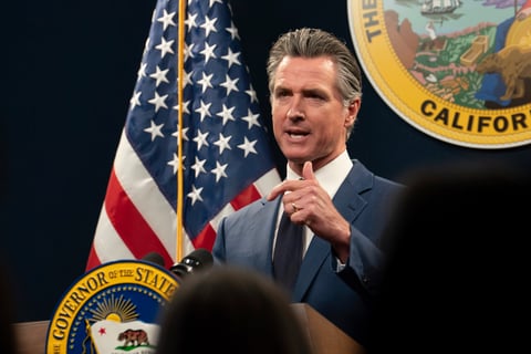 California Gov. Gavin Newsom answers a reporters question about his revised 2024-25 state budget during a news conference in Sacramento, Calif., Friday, May 10, 2024.