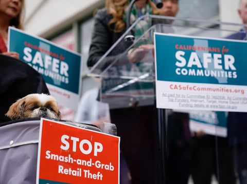 Tubby, the dog of former state Sen. Gloria Romero, D-Los Angeles, sits during a news conference organized by the Californians for Safer Communities Coalition, April 18, 2024, in Culver City, Calif.