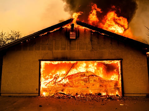 Flames consume a garage as the Thompson Fire burns in Oroville, Calif., Tuesday, July 2, 2024. An extended heat wave blanketing Northern California has resulted in red flag fire warnings and power shutoffs.
