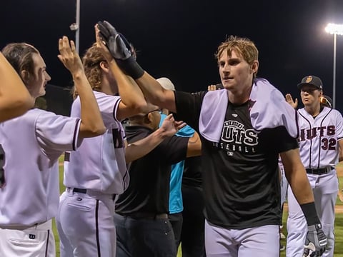 The Modesto Nuts celebrate after winning the California League Championship in Rancho Cucamonga on Sept. 19, 2023.