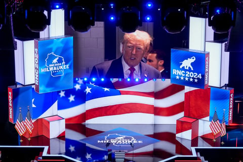 Republican presidential candidate former President Donald Trump is introduced during the Republican National Convention Monday, July 15, 2024, in Milwaukee.