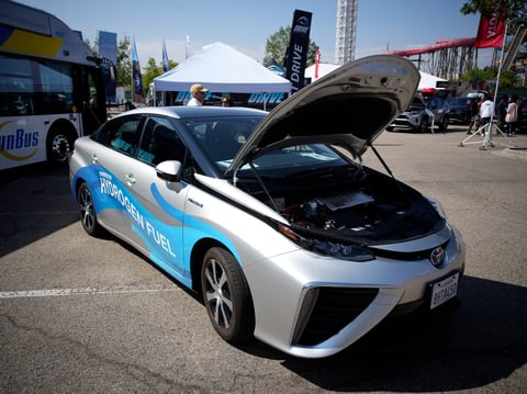 A 2021 Toyota Prius that runs on a hydrogen fuel cell sits on display at the Denver auto show on Sept. 17, 2021, at Elitch's Gardens in downtown Denver.
