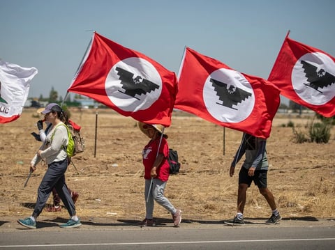 Members and supporters of the United Farm Workers march through Fresno to pressure Gov. Gavin Newsom to sign an unionization bill on Aug. 12, 2022.