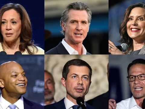Vice President Harris (top row, from left), CA Gov. Gavin Newsom, MI Gov. Gretchen Whitmer, MD Gov. Wes Moore (bottom row, from left), Transportation Secretary Pete Buttigieg and PA Gov. Josh Shapiro.