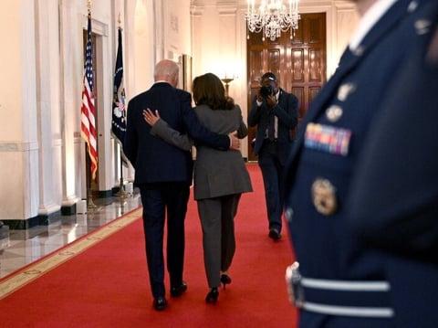Vice President Harris and President Biden depart the East Room after delivering remarks on artificial intelligence at the White House on Oct. 30, 2023.