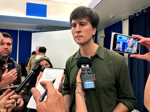 Founder & CEO, for California Forever Jan Sramek talks to reporters after a news conference of a proposed new city in Solano County, in Rio Vista, Calif. on Wednesday, Jan. 17, 2024.