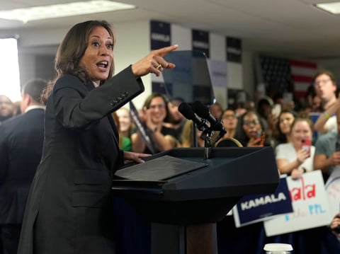 Vice President Kamala Harris speaks at her campaign headquarters in Wilmington, Del., Monday, July 22, 2024.