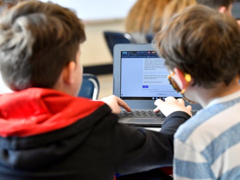 Students work on a laptop computer at Stonewall Elementary in Lexington, Ky., Feb. 6, 2023.