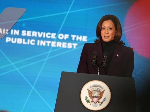 Vice President Harris delivers a speech on artificial intelligence in London on Nov. 1, 2023.