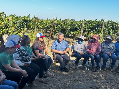 Xavier Becerra meets with farmworkers in Clarksburg, Calif. on Aug. 6, 2024.