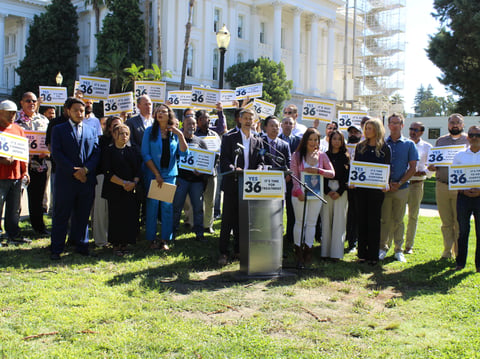 San Jose Mayor Matt Mahan speaks at a press conference launching the Common Sense on Safety campaign supporting Proposition 36 in Sacramento on Aug. 14, 2024.