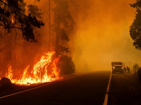 Firefighters work to keep a spot fire from growing along State Route 172 as the Park Fire burns in the Mill Creek community of Tehama County, Calif. on Wednesday, Aug. 7, 2024.