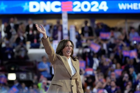 Democratic presidential nominee Vice President Kamala Harris speaks during the Democratic National Convention Monday, Aug. 19, 2024, in Chicago.