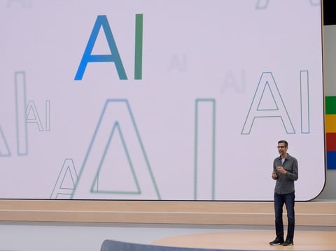 Alphabet CEO Sundar Pichai speaks at a Google I/O event in Mountain View, Calif., Tuesday, May 14, 2024.