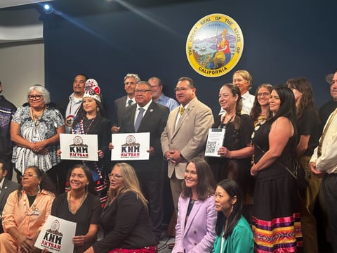 California assembly member James Ramos poses for a picture with tribal leaders that came to visit the state capitol from throughout the state on August 28, 2024.