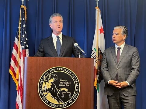 California Gov. Gavin Newsom, left, speaks next to Attorney General Rob Bonta during a press conference regarding a settlement with the city of Elk Grove, Wednesday, Sept. 4, 2024, in Sacramento, Calif.