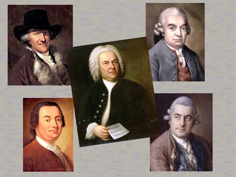 Johann Sebastian Bach (center). Top left: Wilhelm Friedemann Bach. Bottom Left: Johann Christoph Friedrich Bach. Top right: Carl Philipp Emanuel Bach. Bottom right: Johann Christian Bach.