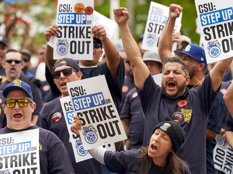 Members of Teamsters, CSUEU, UAW 4123, and CFA Faculty gathered to ask for fair wages outside the CSU Chancellor’s office in Long Beach on May 23, 2023.