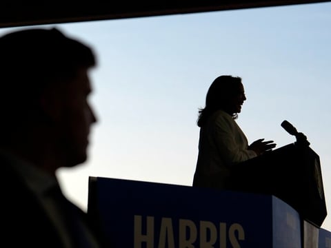 Vice President Harris speaks at a campaign rally on Aug. 7, 2024, in Romulus, Mich.