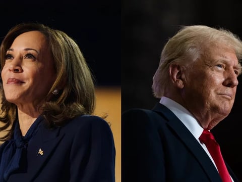 Left: Vice President Harris delivers a speech at the Democratic National Convention in Chicago on Aug. 22, 2024. Right: U.S. Republican presidential nominee former President Donald Trump arrives to speak during a rally.