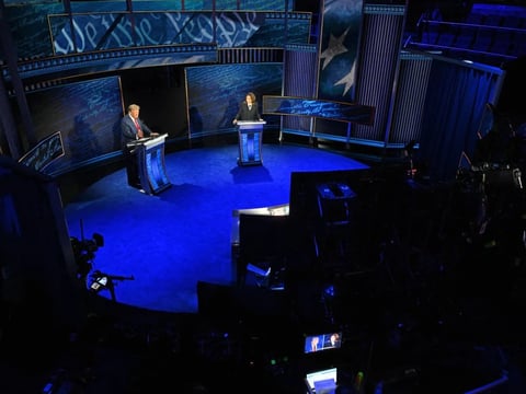 Vice President and Democratic presidential candidate Kamala Harris and former President and Republican presidential candidate Donald Trump speak during a presidential debate.