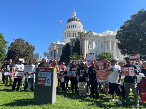 Carmen-Nicole Cox with the ACLU California Action speaking at a Proposition 6 rally at the California state Capitol on Sept. 3, 2024.