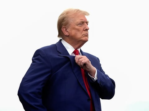 Republican presidential nominee and former President Donald Trump arrives to speak during a press conference held at Trump National Golf Club Los Angeles in Rancho Palos Verdes, on Sept. 13, 2024.