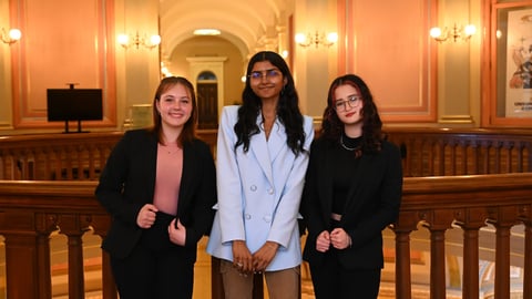 Left to right –  Students at Early College High School Lili Stukas, Sriya Srinivasan, Marian Salmaron testified for AB 2229 at the Education Committee meeting on April 3, 2024.