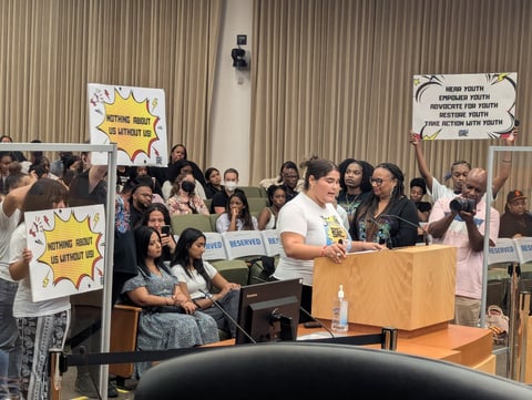Impact Sac representatives urge the Sacramento City Council to approve the first five-year spending plan for the Measure L Children’s Fund on Sept. 10, 2024, in Sacramento, Calif.